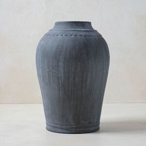 Magnolia Scalloped Black Vase - Large - Distressed Finish, Ceramic
